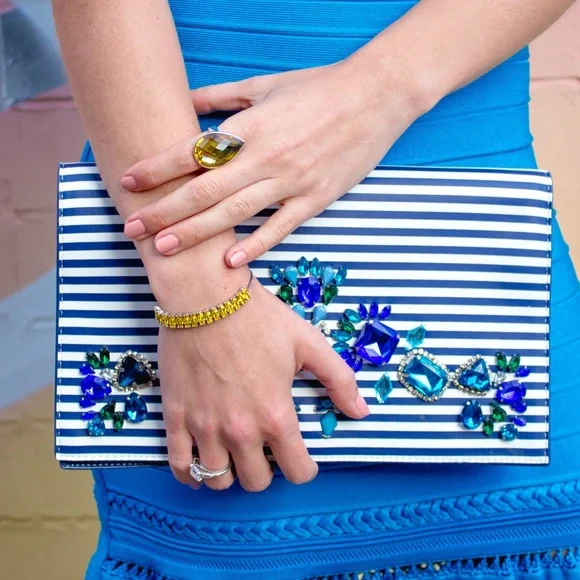 Express Bejeweled Blue and White Stripe Envelope Clutch Bag - Picture 2 of 12